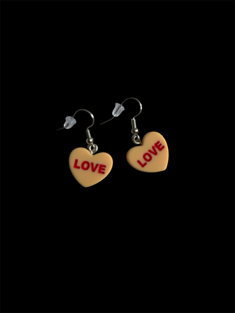 Conversation Hearts Love Dangle Drop Earrings in Orange with Pink Lettering - Picture 3 of 4